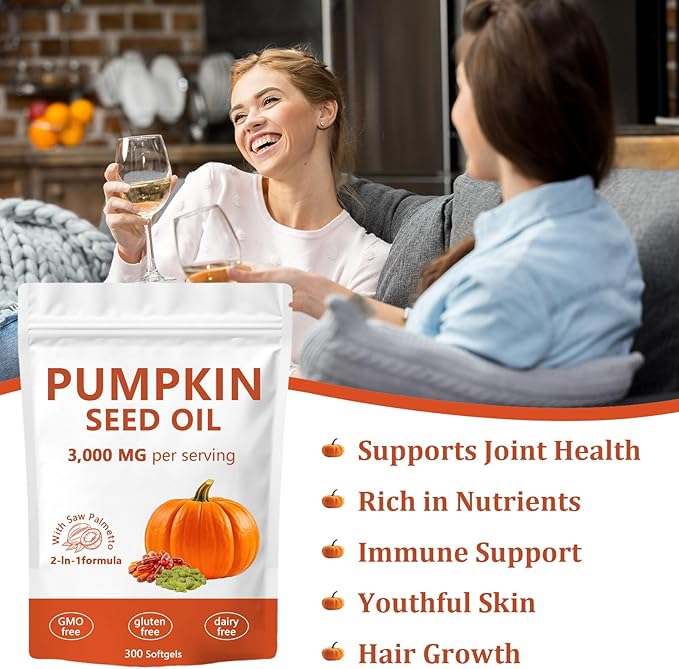Ovela Pumpkin Seed Oil Capsules Pumpkin Seed Oil 2 in 1 with Saw Palmetto 3000mg Pure &amp Natural Supplement Hair Growth Skin Care - Non-GMO Gluten - Free 300 Softgels