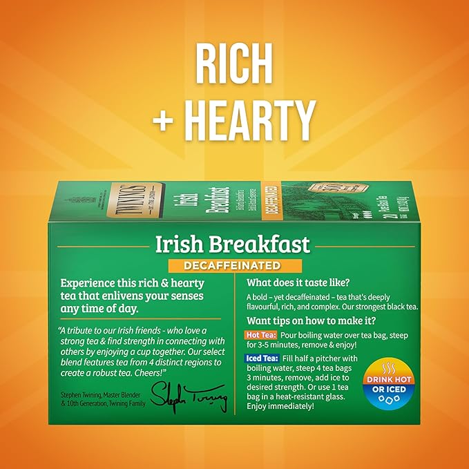 Twinings Decaffeinated Irish Breakfast Black Tea Individually Wrapped Bags 20 Count (Pack of 6) Flavourful Robust Enjoy Hot or Iced 120 Teabags