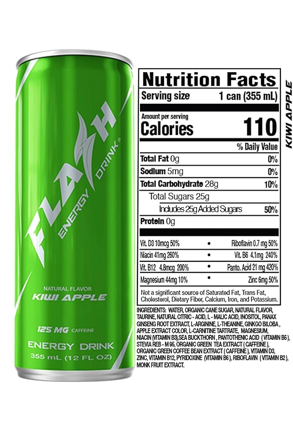 Flash Energy Drink | Elevate your Energy Focus and Performance | Natural |Non-GMO Vegan Gluten-Free Ingredients Organic Green Tea and Green Coffee Bean with 125 mg of Caffeine Enhanced with Ess