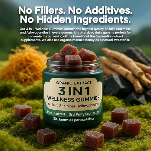 3IN1 Shilajit Wellness Gummies Ashwagandha Sea Moss Energy &amp Immune Support for Man &amp Women Trace Mineral &amp Fulvic Acid Rich Organic Vegan Non-GMO 30 Gummies