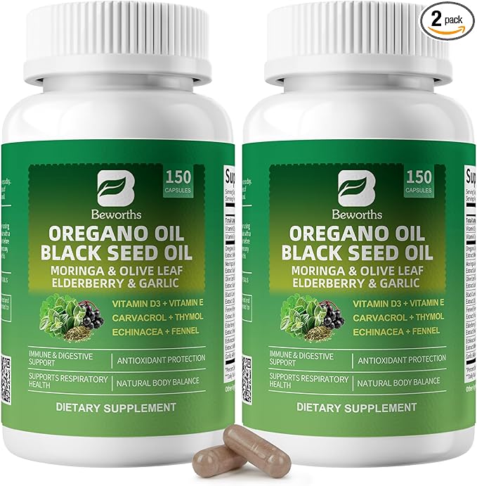 2PCS Oil of Oregano with Black Seed Oil - Oregano Oil Capsules Organic | Moringa Garlic Olive Elderberry Echinacea Fennel - 95% High Carvacrol Oregano for Immune Digestive Support - 300 Capsules