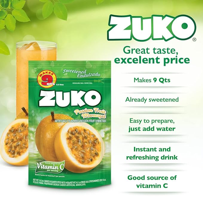 Zuko Passion Fruit Instant Powder Drink | Family Pack | No Sugar Needed | Vitamin C | 14.1 Ounce (Pack of 2)