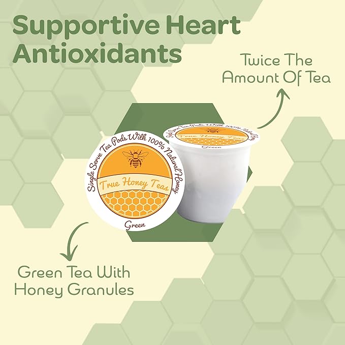 True Honey Green Tea Pods - Honey Crystals Blended in Every Tea Pod Supports Heart Health Excellent Antioxidants All Natural Organic Herbal &amp Caffeine-Free 22 Green Tea Pods