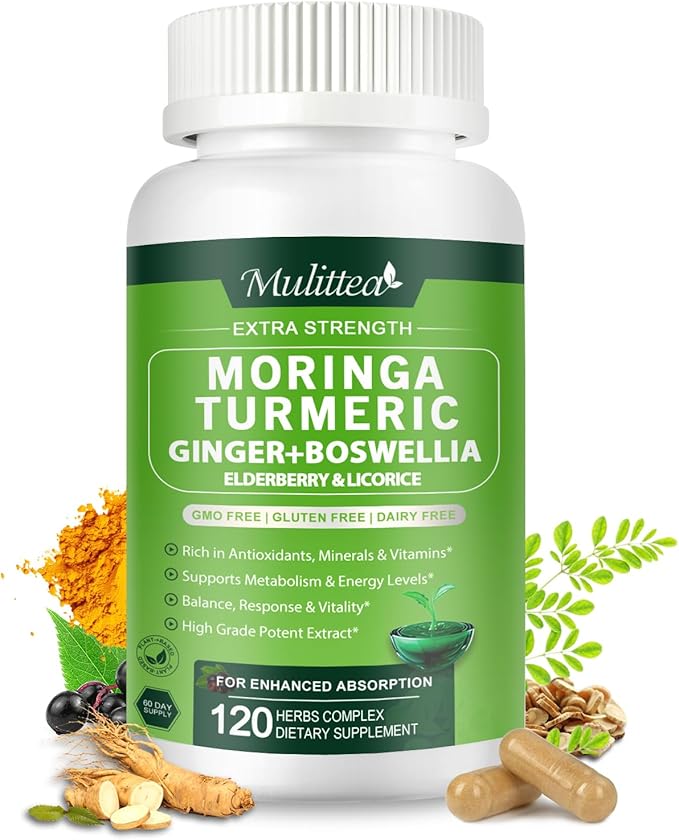 Moringa Capsules Organic 1000mg 7-in-1 Superfood with Turmeric Ginger Elderberry Licorice &amp Boswellia - Support Immune Skin Gut &amp Antioxidant-Non-GMO GMP 120 Vegan Capsules 2 Months S