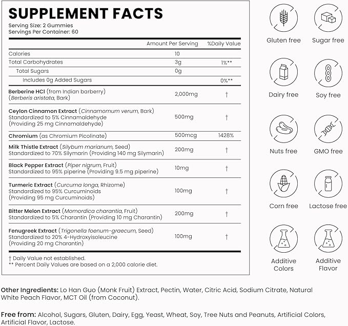 2000mg Berberine Gummies Supplement Berberine HCl with Ceylon Cinnamon Chromium Organic Milk Thistle for Women &amp Men Metabolism Support AMPK Metabolic Activator Sugar Free Vegan 60 Day Sup