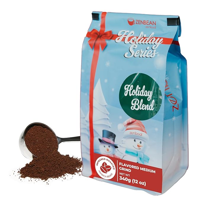 Zenbean Holiday Series Holiday Blend - Flavored Holiday Coffee Medium Grind Infrared Roasted Arabica Coffee Low Acid with Rhodiola Rosea and L-Theanine Makes 20 Servings 12 Ounce Bag