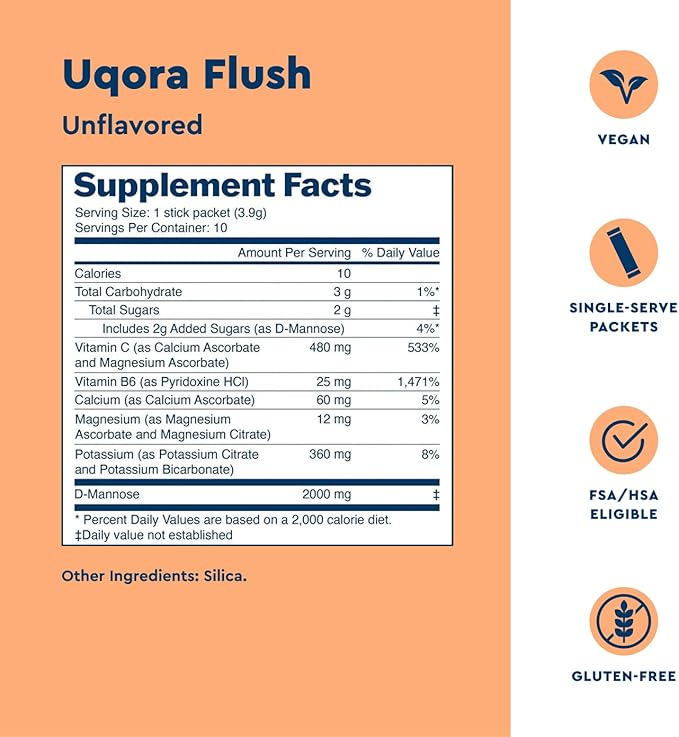 Uqora Flush - Urinary Tract* with D-Mannose Vitamin C Vitamin B6 Potassium Magnesium &amp Calcium - Gluten-Free &amp Vegan - Unflavored - 20 Packets (2 Pack)