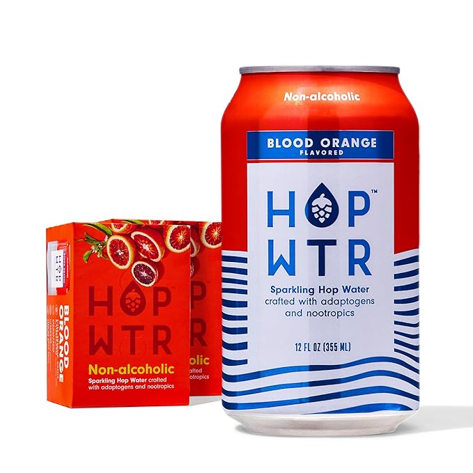 HOP WTR Sparkling Hop Water Blood Orange 12 Pack Sugar Free Low Carb Non Alcoholic Drinks NA Beer Adaptogen Drink No Calories Adaptogens &amp Nootropics for Added Benefits 12 oz Cans