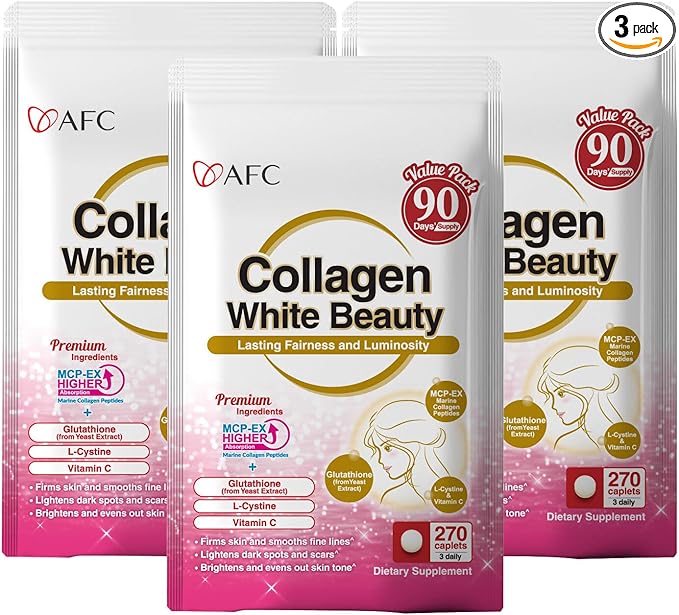 AFC Japan Collagen White Beauty with Marine Collagen Peptide Glutathione L-Cystine - 1.5X Better Absorption Than Other Collagen – Supports Skin Firmness &amp Radiance x3 Packs – 270 Days Supply