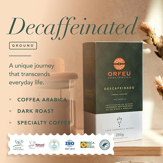 ORFEU - Special Decaf Coffee - 100% Arabica Coffee Roasted &amp Ground Medium Roast Made in Brazil Chocolate Notes Low Acidity Caramel Fruity &amp Floral Aroma - 250g (8.8oz)