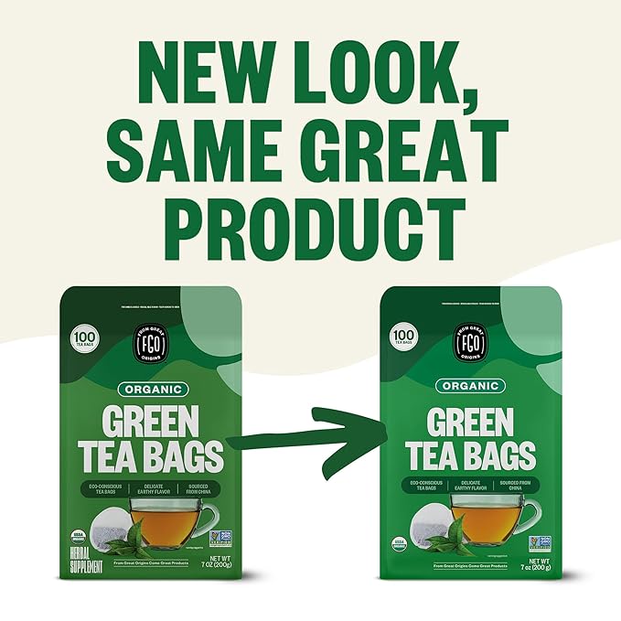 FGO Organic Green Tea 100 Count Eco-Conscious Tea Bags Caffeinated Resealable Pouch Packaging May Vary (Pack of 1)