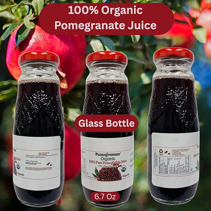 Pomegranaze Organic Pomegranate Juice 6.7 fl oz Glass Bottle 24 Pack 100 Percent Pure Juice No Sugar Added No Artificial Colors or Preservatives Gluten Free Kosher Convenient Single Serve Bottles