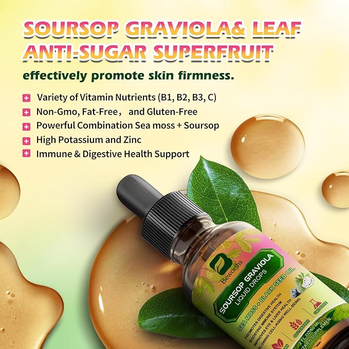Soursop Bitters Liquid Drops with Irish Sea Moss Black Seed Oil Soursop Graviola Leaves Extract - Multivitamin Complex Supports Antioxidant Slowing Cell-Aging Gut Cleanse Detox &amp Immunity Hea