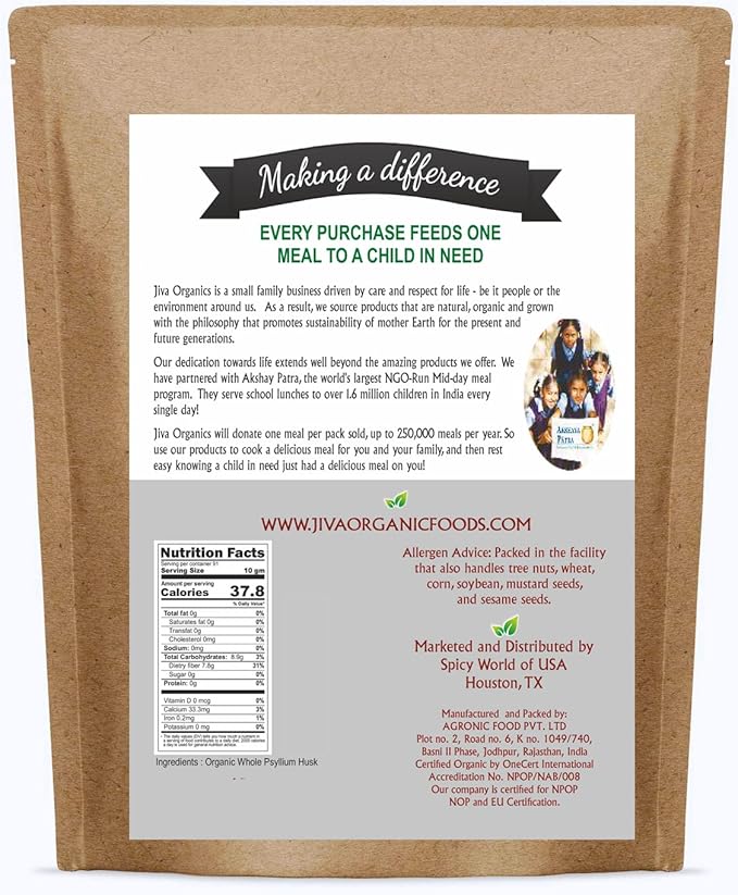 Jiva Organics Whole Psyllium Husk (Isabgol) 1.75 LB (28 Oz) Jumbo Bag - Non-GMO Unflavored - Keto Friendly Soluble Fiber