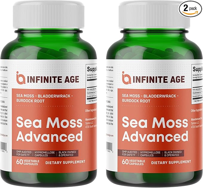 INFINITE AGE 2 Pack of 1250mg Sea Moss Advanced Superfood Capsules 120 Count - High-Potency Vegan Made in The USA - Irish Seamoss Bladderwrack Burdock Root - Overall Health Immunity Support