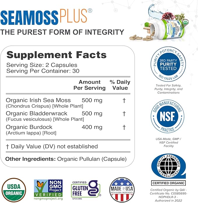 Power By Naturals Sea Moss Plus - USDA Certified Organic Wildcrafted Irish Seamoss Bladderwrack &amp Burdock Root Supplement for Immunity 60Ct 2 Pack