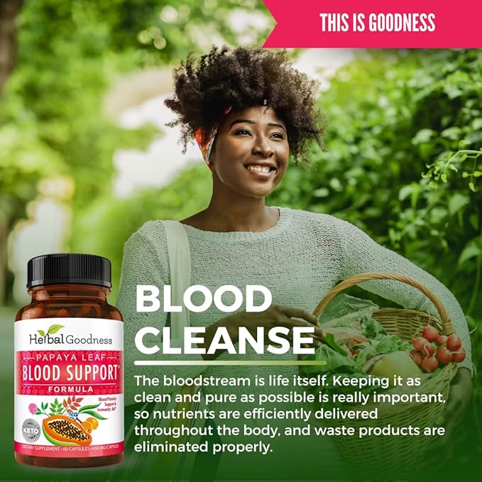 Herbal Goodness Papaya Leaf Blood Support Capsules - Platelet &amp Bone Marrow Health Immunity Support &amp Blood Cleanse - 60/450mg Veggie Capsules (1 Bottle)