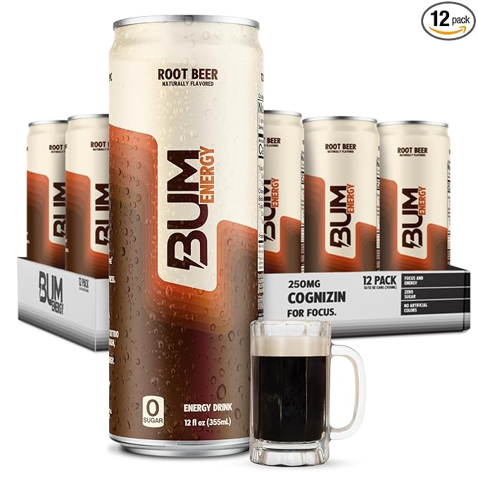 BUM Sugar-Free Energy Drink Root Beer - Lightly Carbonated &amp No Artificial Colors Natural Caffeine &amp Citicoline for Energy &amp Focus Brain Boost &amp Workout Sports Beverage - 12 oz Pac