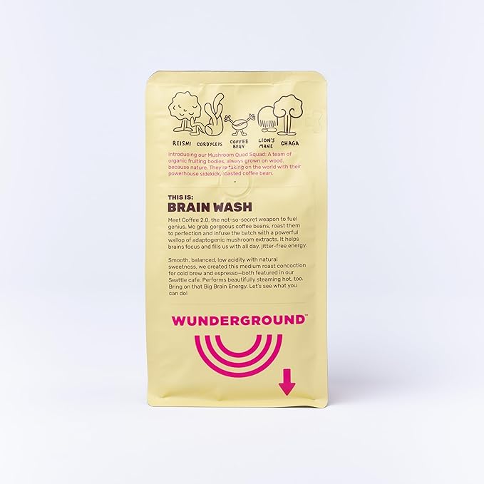 Wunderground's Brain Wash Medium Roast Organic Whole Bean Coffee with Mushroom SuperBoost (12 oz Bag)