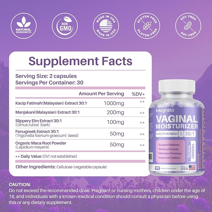 Vaginal Moisturizer Kacip Fatimah 1000mg &amp Manjakni 200mg for Female Health Slippery Elm for Women Vegan 120 Capsules