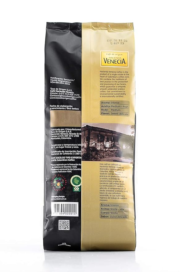 Hacienda Venecia Whole Bean Coffee Medium Roast 100% Colombian Arabica Single Origin from Manizales - 17.6 oz Bag