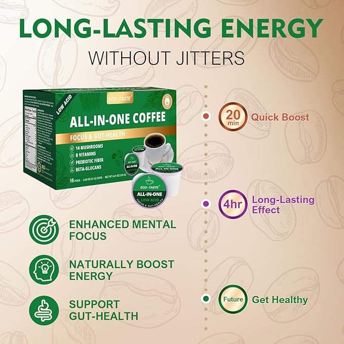 Mushroom Coffee K Cup Low Acid - Single Origin – Focus &amp Gut-Health with 14-Mushrooms Vitamins L-Theanine and Alpha GPC Single Serve Pods - No Crash or Jitters 16 Count