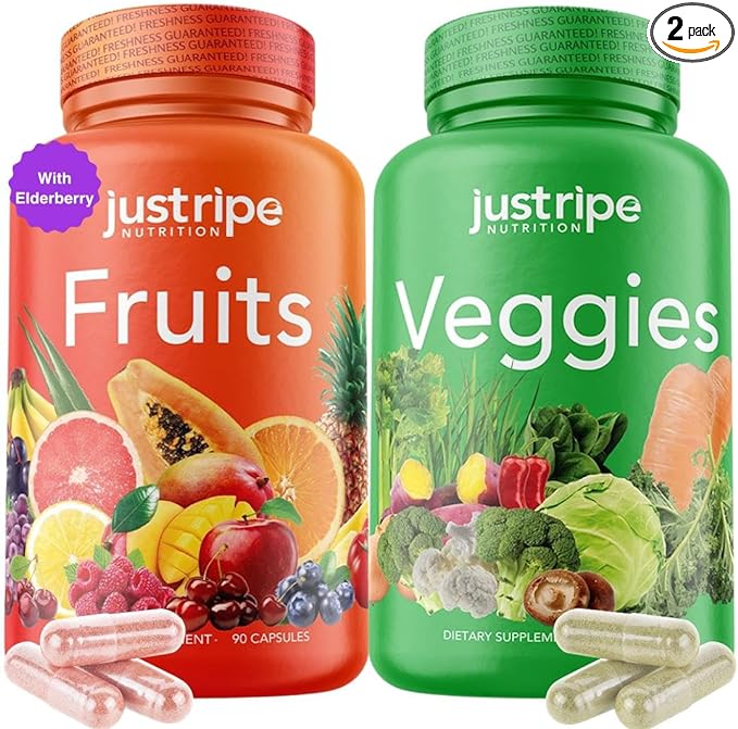 Fruits and Veggies Supplement - 90 Fruit and 90 Vegetable Capsules - 100% Whole Natural Superfood - Filled with Super Greens Vitamins and Minerals - Supports Balance Energy Levels (1 Pack)