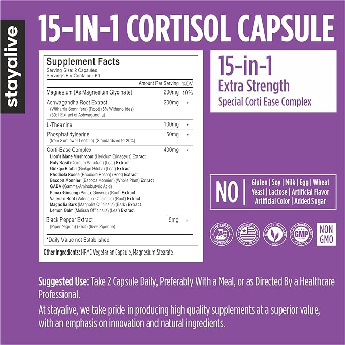 STAY ALIVE Cortisol Manager Supplement 15-in-1 Complex w/L-Theanine Ashwagandha Magnesium Glycinate Phosphatidylserine and More 120 Veg Capsules Non-GMO &amp Gluten-Free Formula for Women and Me