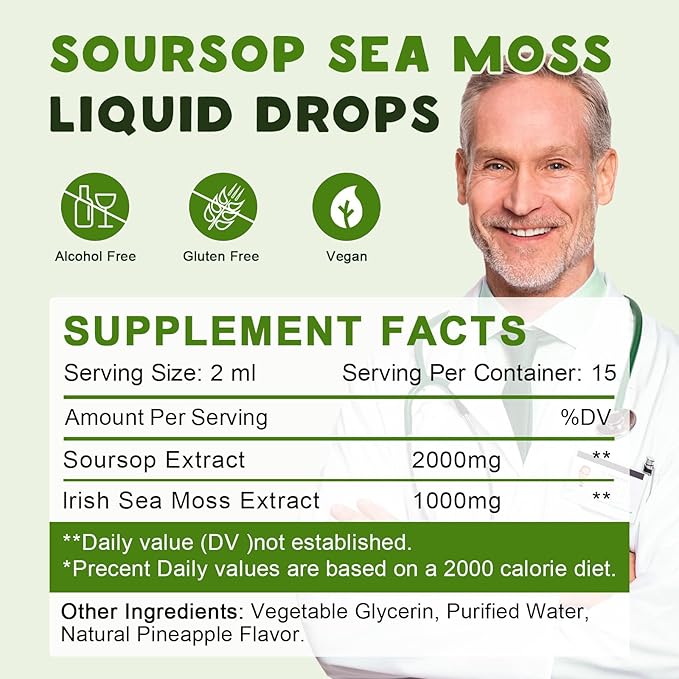 (2 Pack) Soursop Graviola with Sea Moss Liquid Drops Soursop Bitters Liquid Rich in Multivitamin for Natural Antioxidant Immune Boost Cell Support &amp Regeneration Pineapple Flavor