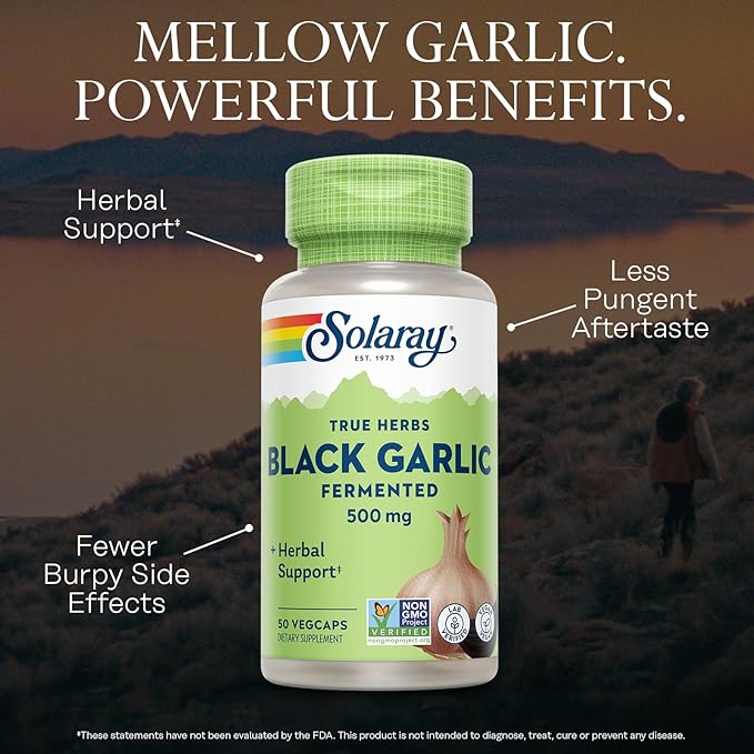 SOLARAY Black Garlic 500 mg - Fermented for Easier Digestion and Mellow Aftertaste - Antioxidant Garlic Supplements - Non-GMO Vegan Lab Verified - 60-Day Guarantee - 50 Servings 50 VegCaps