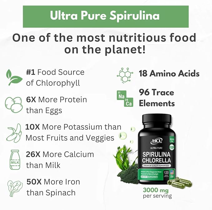 Chlorella Spirulina Powder Capsules 3000 mg of BMAA Free Purest Blue Green Algae - Best Natural Detox Raw Vegan Vitamins Protein Green Superfood - Made in USA