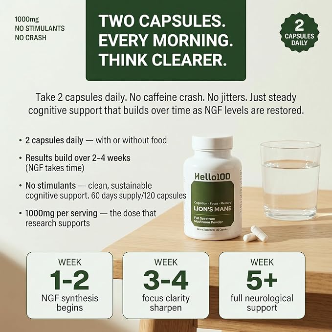 Lion’s Mane Mushroom Supplement 1000mg - Dual Extract for Focus Memory &amp Mental Clarity - High Potency Nootropic Brain Supplement with 20% Beta-Glucans - Fruiting Body &amp Mycelium - 60 Caps