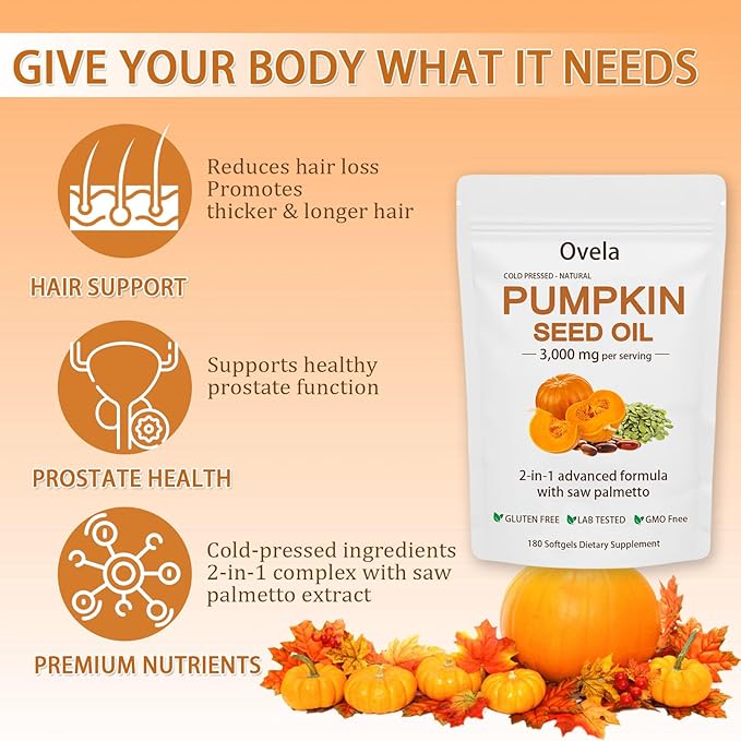 Ovela Pumpkin Seed Oil Capsules with Saw Palmetto Organic Pumpkin Seeds Oil Supplement for Hair Growth Heart Skin Elasticity Cold-Pressed | Non-GMO | Gluten Free | 180 Softgels (1)
