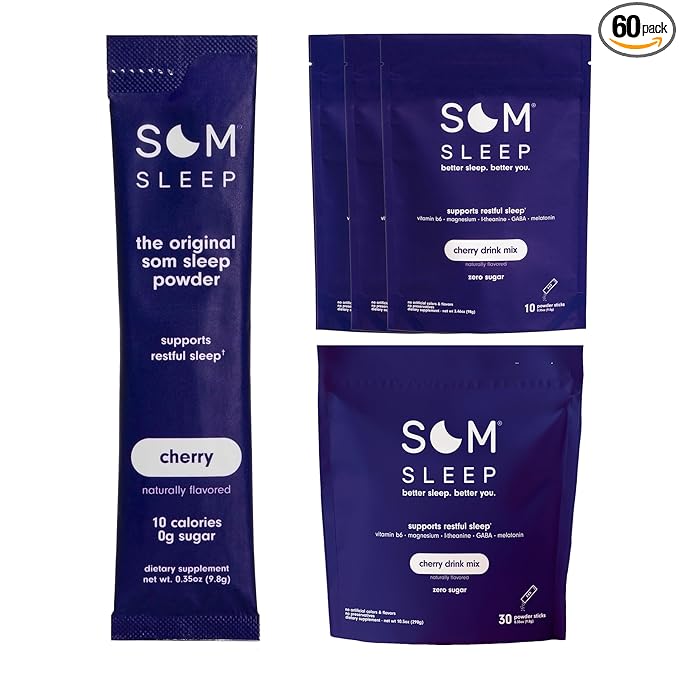 Calm Sleep Aid Drink Mix Powder Som Sleep Melatonin 3mg Magnesium Vitamin B6 L-Theanine &amp GABA – Vegan Zero Sugar Keto Friendly – Cherry 60-Pack