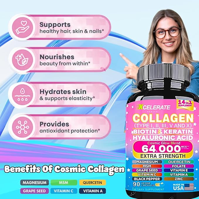 14 In 1 Collagen Supplement - Peptides Types l II III V X Biotin Keratin Hyaluronic Acid Folate Zinc Quercetin Apple Cider Vinegar Magnesium Grape Seed Hair Skin Nail Health Support (Label May Vary)