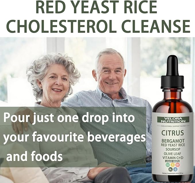 velora Red Yeast Rice Cholesterol Cleans Drops with Citrus Bergamot Red Yeast Rice Soursop Olive Leaf Vitamin C+D Natural Non-GMO Vegan 2 fl oz (2pcs)