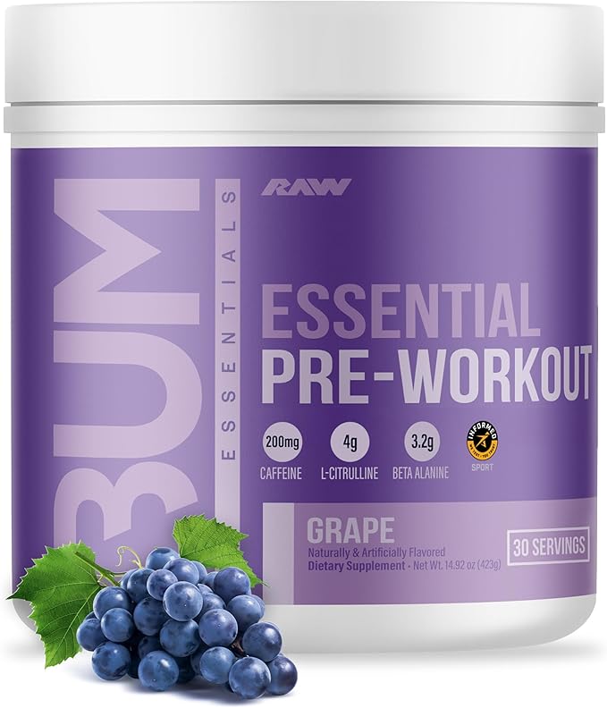 RAW Essential Pre-Workout Powder (Grape) - Chris Bumstead Sports Nutrition Supplement for Men &amp Women - Preworkout Energy Powder with Caffeine L-Citrulline L-Tyrosine &amp Beta Alanine Blend