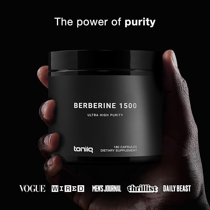 Toniiq Ultra High Strength Berberine HCl from The Himalayas - 100:1 Concentrated Extract - Lab-Tested 97% Berberine HCl - 180 Vegetarian Capsules 1500 mg per Serving