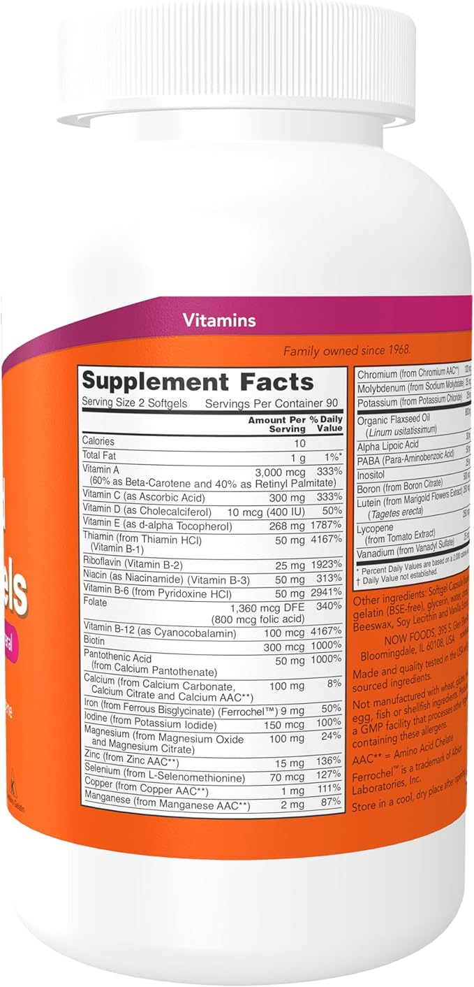 NOW Foods Supplements Liquid Multi Gels with Lutein and Lycopene plus Flax Seed Oil 180 Softgels