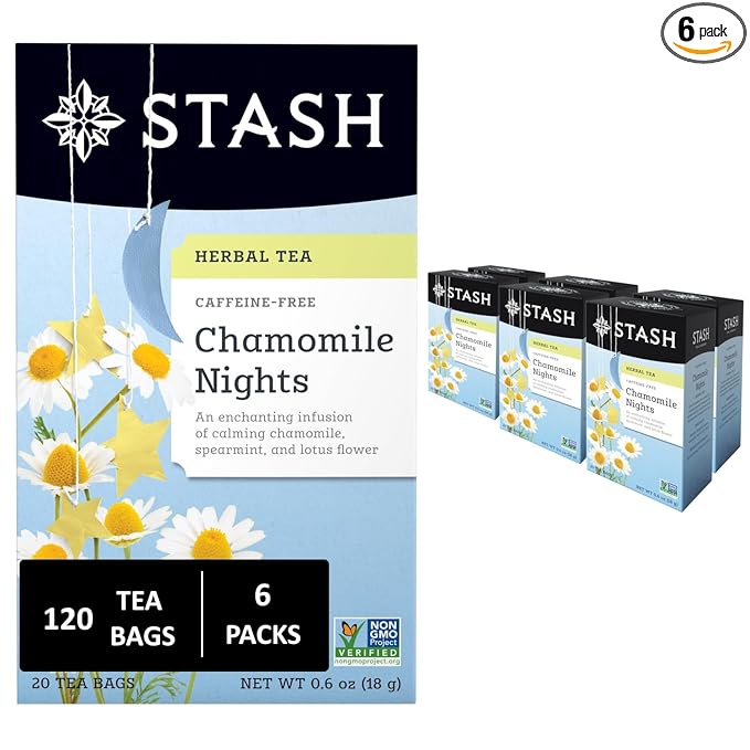 Stash Tea Chamomile Nights Herbal Tea - Caffeine Free Non-GMO Project Verified Premium Tea with No Artificial Ingredients 20 Count (Pack of 6) - 120 Bags Total