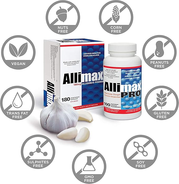 ALLIMAX 180mg 90 Capsules. Allicin Garlic Supplement to Support Your Body’s Immune Function. Contains Stabilized and Potent Bioactive Allicin Extracted from Clean &amp Sustainable Spanish Grown Garl