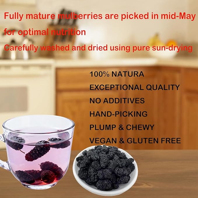 Dried Black Mulberries 1LB Top Grade Premium DABC OAK LAND Wild Black Mulberry Dried Fruit No Sugar AddedVegan Natural for Healthy Snacking BakingTea 黑桑葚干 16OZ/Bag