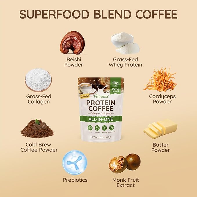 Grass Fed Whey Protein Coffee Collagen Protein Iced Coffee - 10g Protein &amp 0g Sugar Made with Cordyceps Reishi &amp Butter Natural Energy without Jitters Coconut 20 Servings