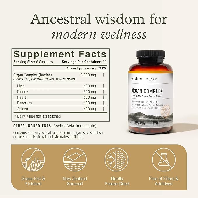 Enviromedica Grass-Fed Organ Complex: Freeze-Dried Beef Liver Kidney Heart and Pancreas (180 ct)