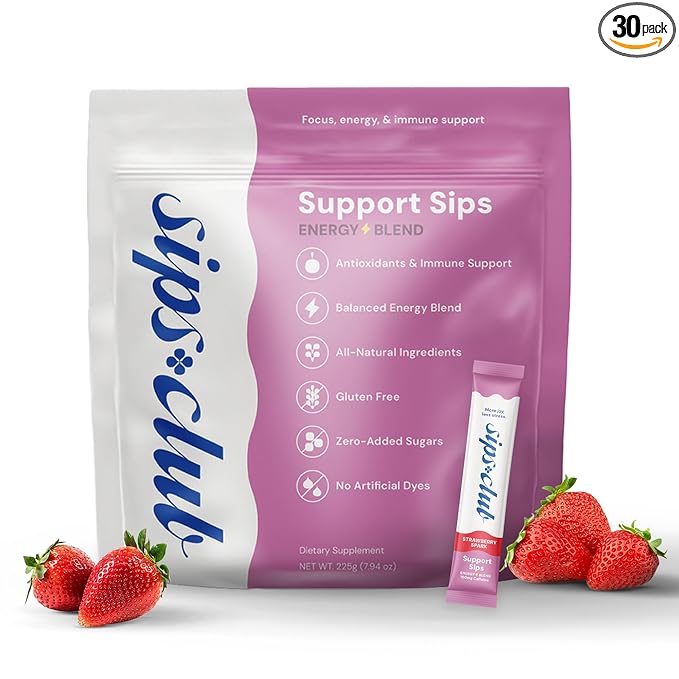 Support Sip with Caffeine and L-Theanine Blend - Healthy Drink Mix Powder Packets for Immune &amp Digestive Health - All Natural Ingredients No Added Sugar or Dyes - Strawberry Spark (30 Packs)