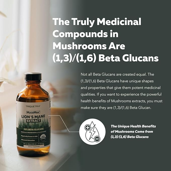 MycoMax Lions Mane Extract - 70% Beta Glucans Max Potency Organic Lions Mane Supplement US Grown + Ultrasonic Extraction - 500 mg per serving - Mental Clarity Focus and Memory - 8 oz.