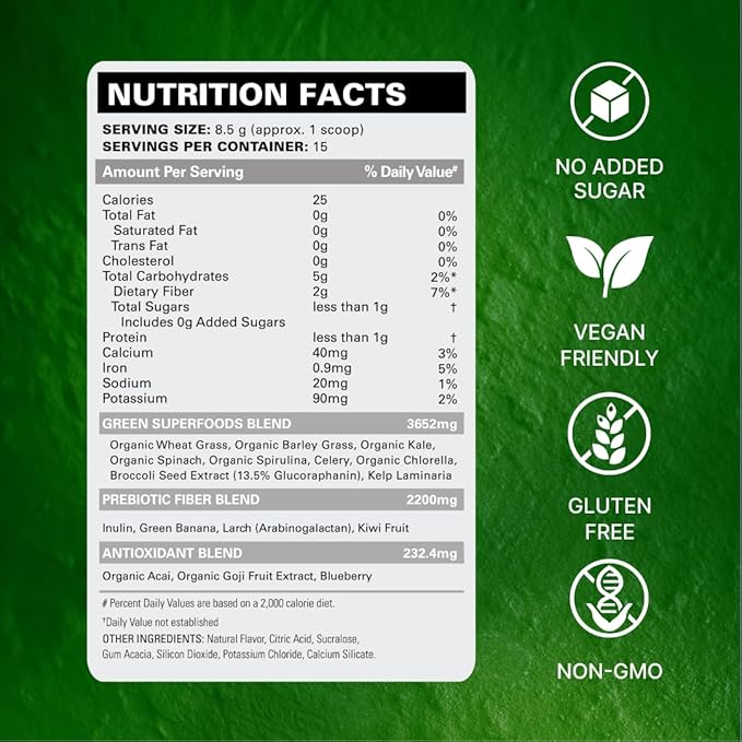 EHP Labs OxyGreens Super Greens Powder with Spirulina &amp Chlorella Prebiotic Fiber Probiotics &amp Digestive Enzymes – Antioxidant Green Superfood Supplement - 15 Serves (Strawb. Margarita)