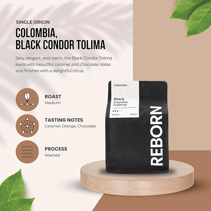 Reborn Coffee Specialty Whole Bean Coffee Medium Roast 12 Ounce Colombia Black Condor Tolima Flavor Notes of Chocolate Nut and Citrus