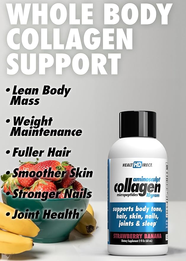 HEALTH DIRECT – Medical-Grade Liquid Collagen Shots – AminoSculpt Sugar-Free – Strawberry Banana – 12 Servings (12pk 2oz Shots) – Good for Joints Bones &amp Sleep – Better Hair Skin &amp Nails