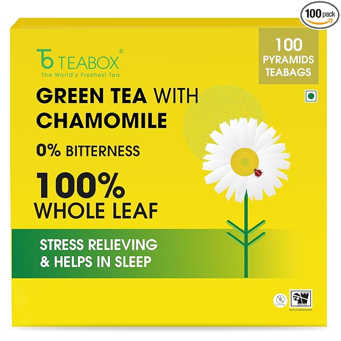 Teabox Premium Darjeeling Green Tea With Chamomile Flowers | 100% Whole Leaf &amp 0% Bitterness | Green Tea From The Himalayas | 100 Tea Bags (Low Caffeine)